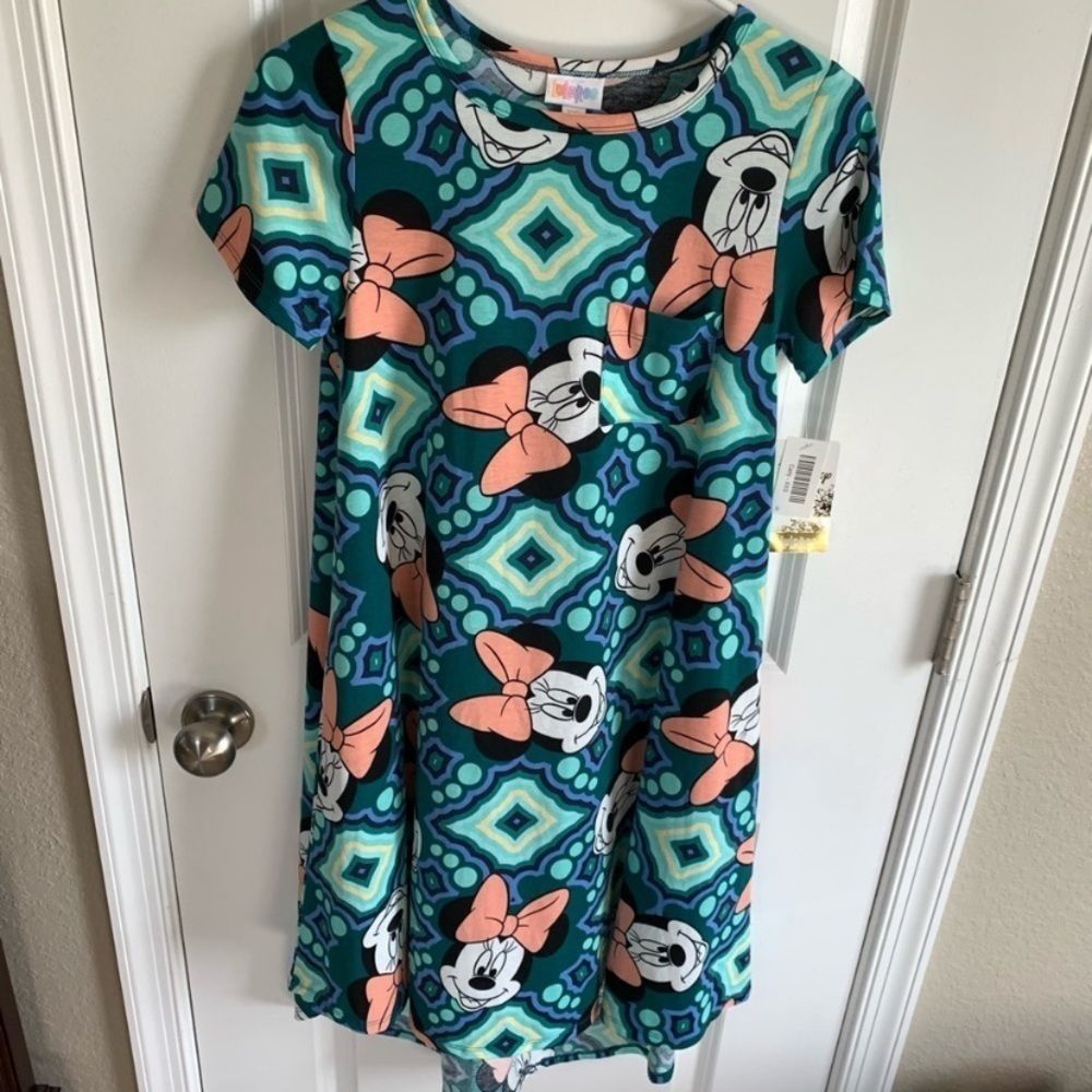 NWT LuLaRoe Green and Blue Disney Minnie Mouse Carly Dress, Size XXS